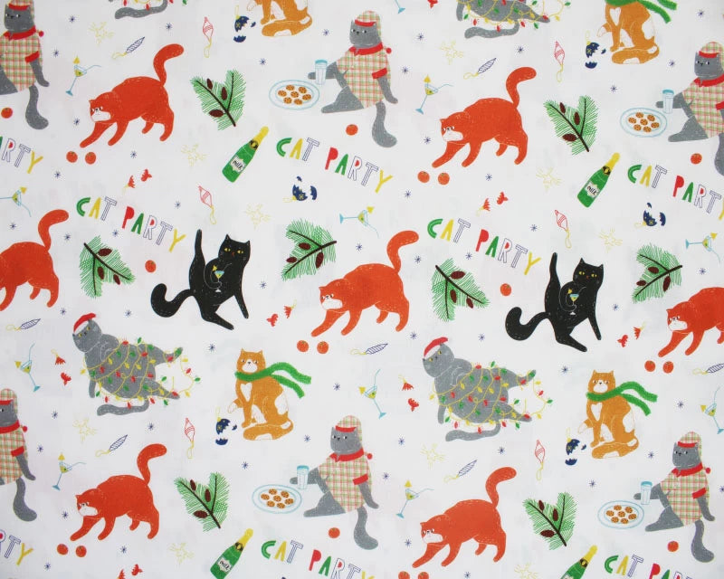 Little Johnny Party Cats White 100% Cotton Fabric