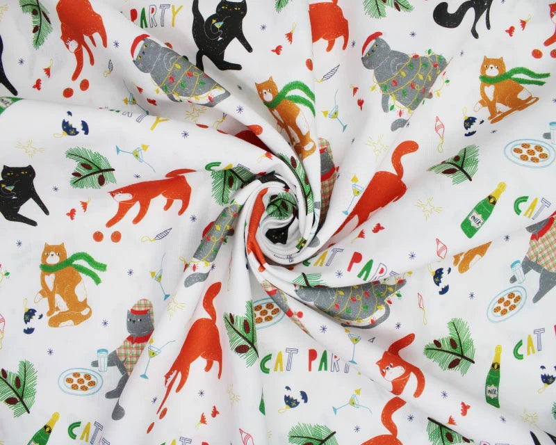 Little Johnny Party Cats White 100% Cotton Fabric