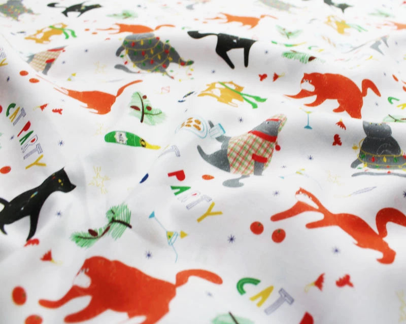 Little Johnny Party Cats White 100% Cotton Fabric