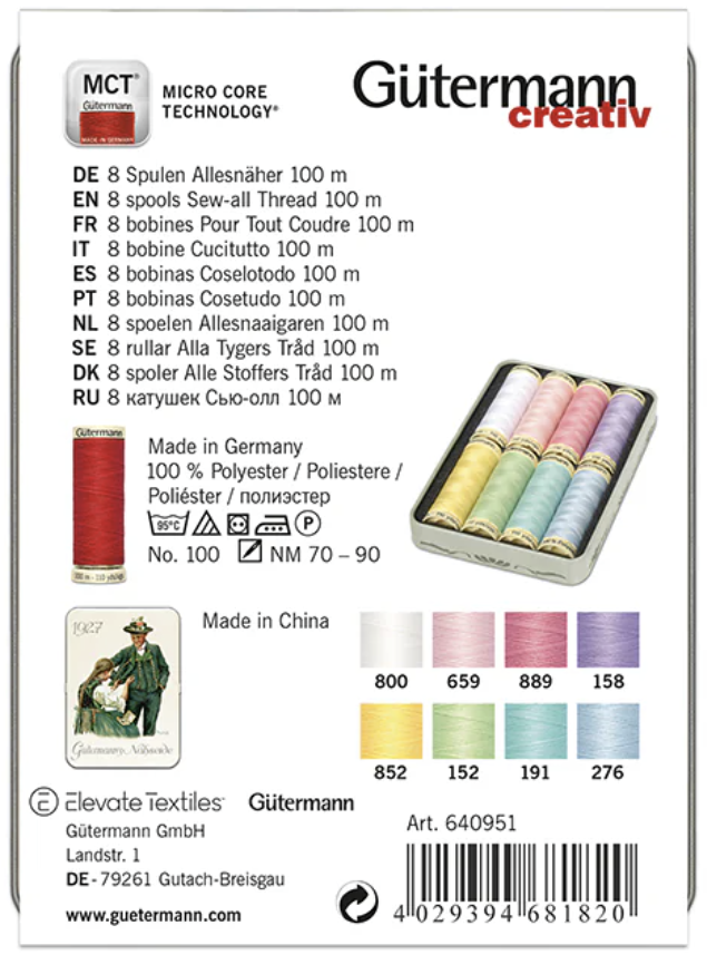 Gutermann Nostalgic Box Sew-All Thread Tin – 8 x 100m Spools Pastel Colours