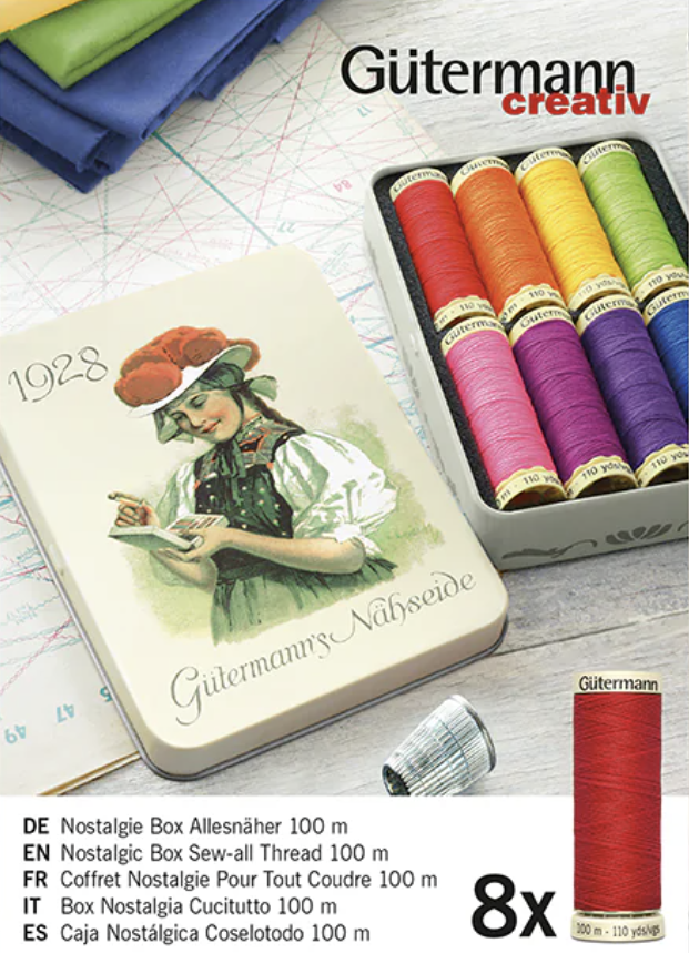 Gutermann Nostalgic Box Sew-All Thread Tin – 8 x 100m Spools Bright Colours