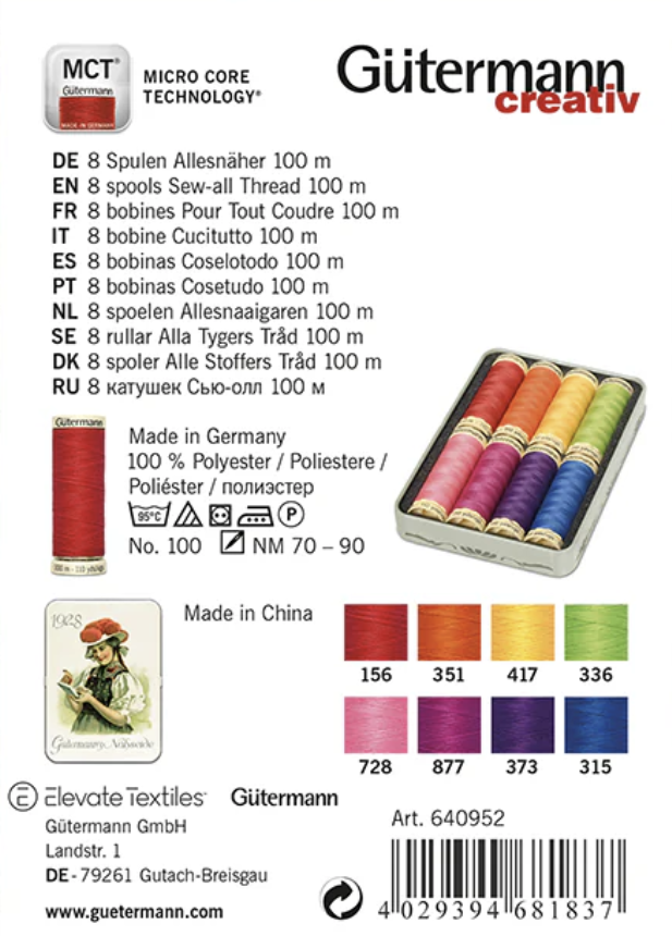 Gutermann Nostalgic Box Sew-All Thread Tin – 8 x 100m Spools Bright Colours