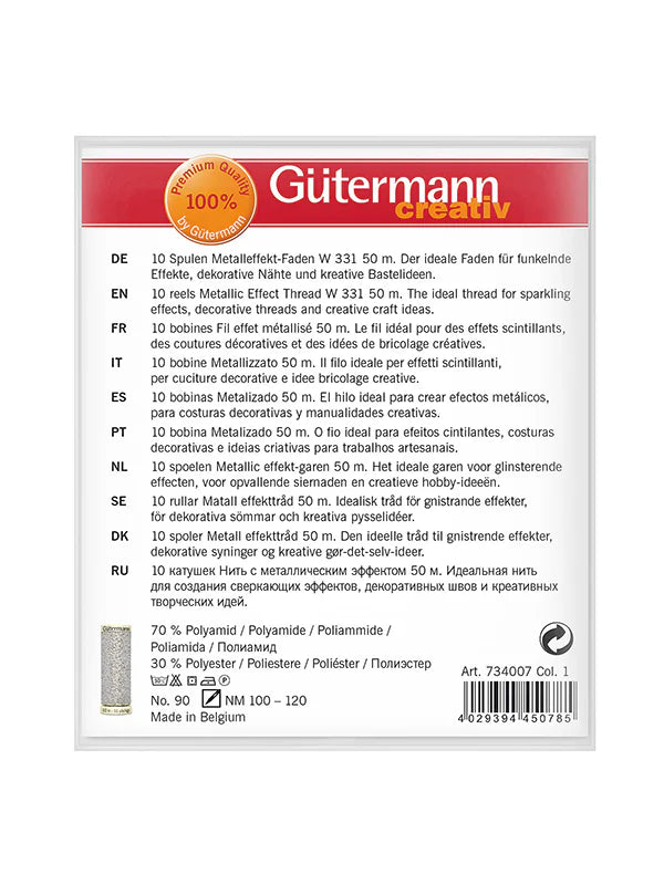 Gütermann Metallic Effect Thread W 331 – 10 x 50m Spools