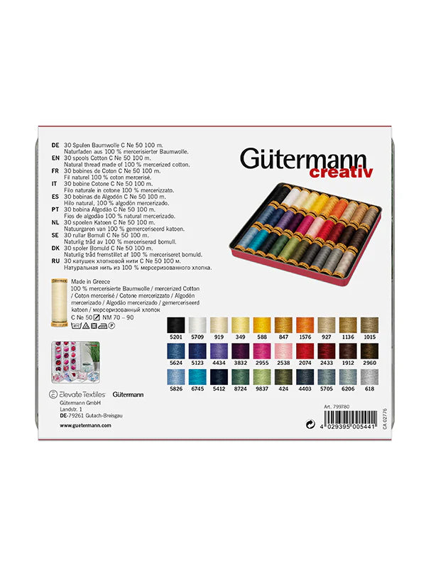 Gutermann Natural Cotton Thread Box – 30 x 100m Spools with Storage Tin