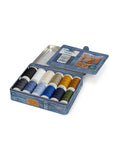 Gutermann Denim-Box with Jeans sewing needles and artificial leather labels – 12 x 100m Spools