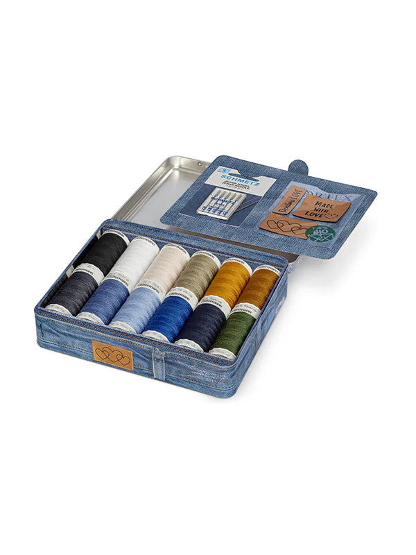 Gutermann Denim-Box with Jeans sewing needles and artificial leather labels – 12 x 100m Spools