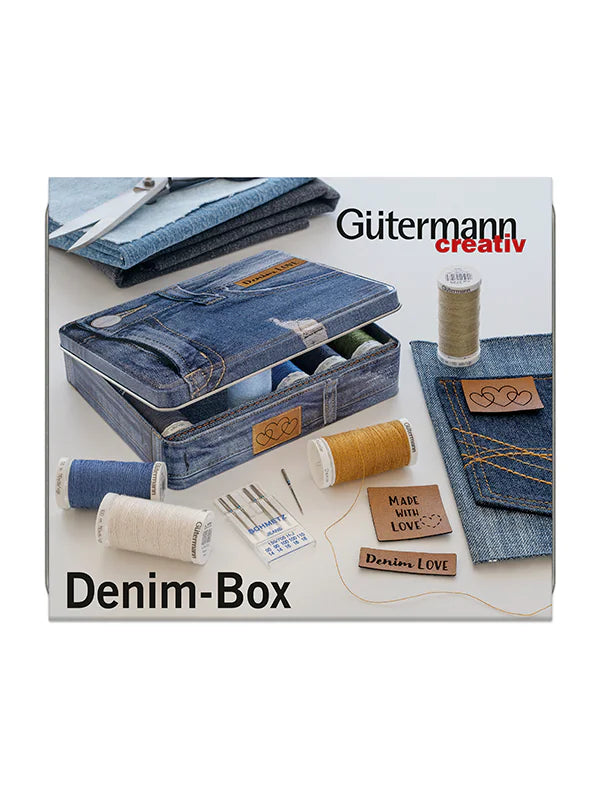 Gutermann Denim-Box with Jeans sewing needles and artificial leather labels – 12 x 100m Spools