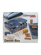 Gutermann Denim-Box with Jeans sewing needles and artificial leather labels – 12 x 100m Spools