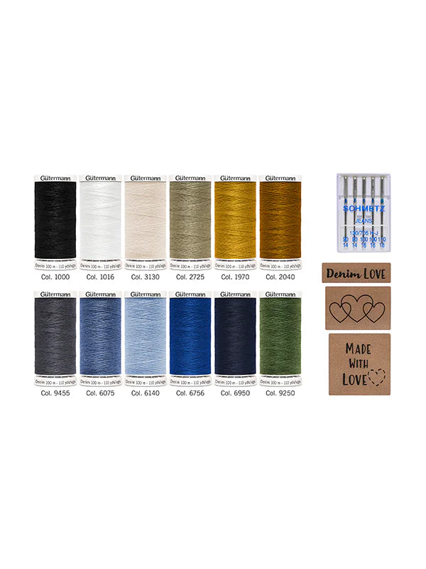 Gutermann Denim-Box with Jeans sewing needles and artificial leather labels – 12 x 100m Spools