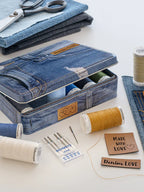 Gutermann Denim-Box with Jeans sewing needles and artificial leather labels – 12 x 100m Spools