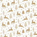 Gold Metallic Reindeer & Christmas Trees 100% Cotton Fabric – White | 112cm Wide | Nutex