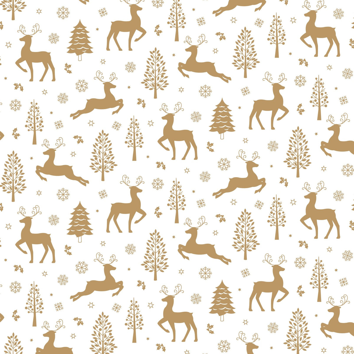 Gold Metallic Reindeer & Christmas Trees 100% Cotton Fabric – White | 112cm Wide | Nutex