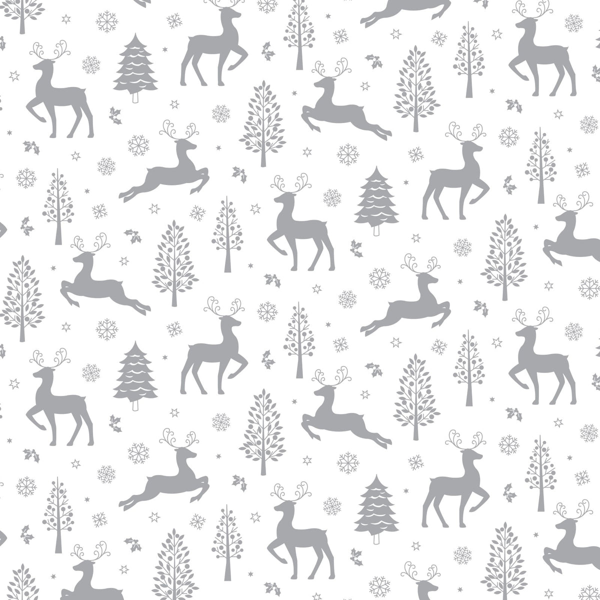 Silver Metallic Reindeer & Christmas Trees 100% Cotton Fabric – White | 112cm Wide | Nutex