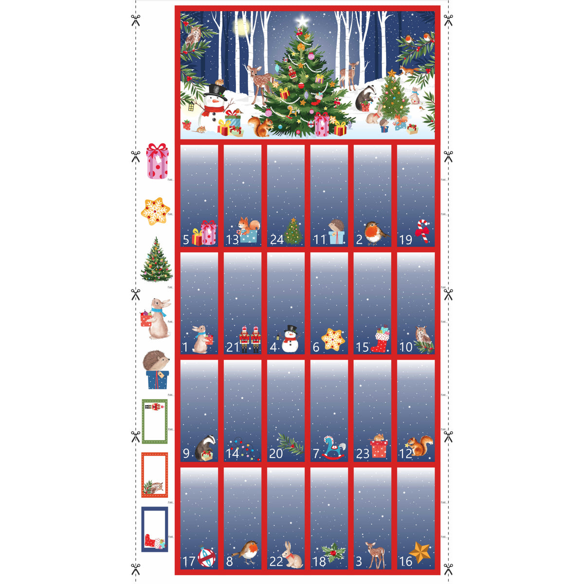 Woodland Christmas Advent Calendar Fabric Panel – Red | 60cm x 112cm