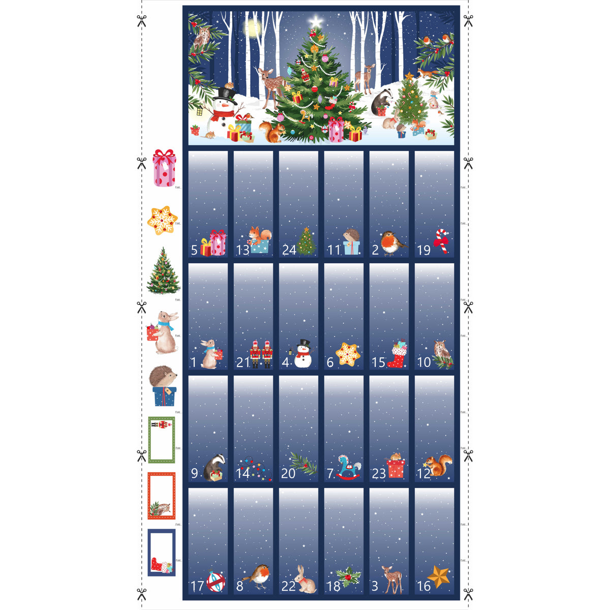 Woodland Christmas Advent Calendar Fabric Panel – Blue | 60cm x 112cm