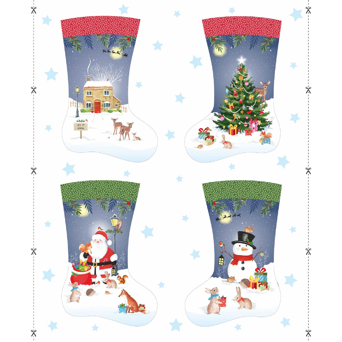 Woodland Christmas Stocking Fabric Panel – Medium | 4 Designs | 90cm x 112cm