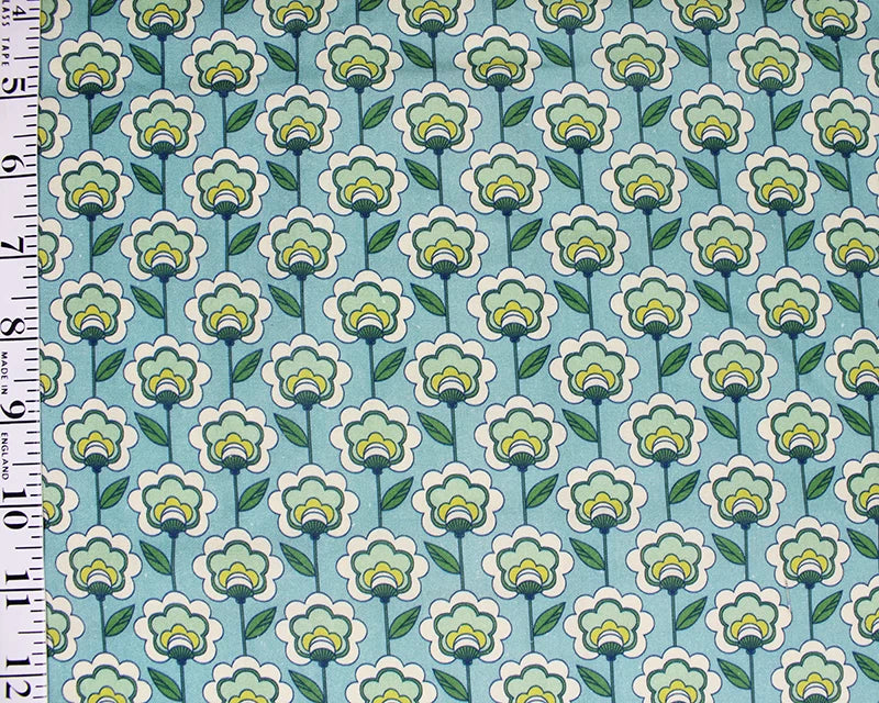 Little Johnny Retro Far Out Floral Premium Turquoise 100% Cotton Fabric