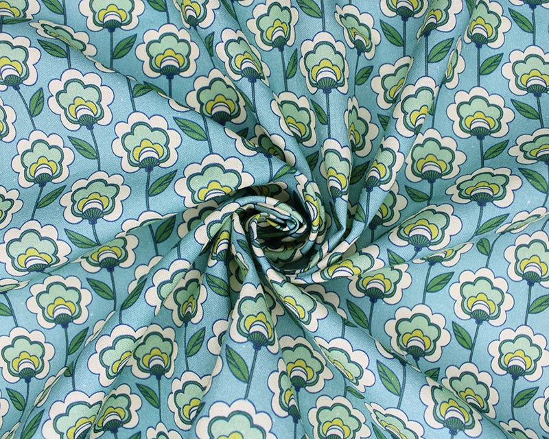 Little Johnny Retro Far Out Floral Premium Turquoise 100% Cotton Fabric