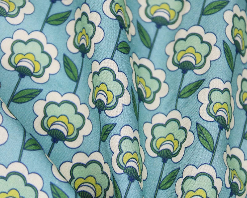 Little Johnny Retro Far Out Floral Premium Turquoise 100% Cotton Fabric
