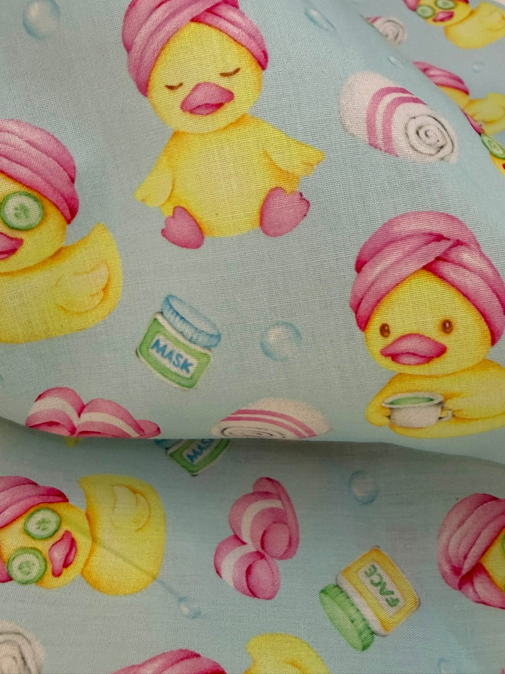 Yellow & Pink Ducks on Blue Background Polycotton Fabric | 110cm Wide | 90/10 Poly Cotton