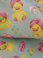 Yellow & Pink Ducks on Blue Background Polycotton Fabric | 110cm Wide | 90/10 Poly Cotton
