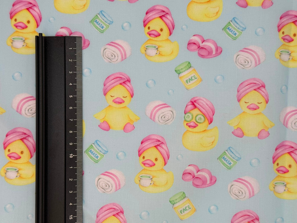 Yellow & Pink Ducks on Blue Background Polycotton Fabric | 110cm Wide | 90/10 Poly Cotton