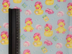 Yellow & Pink Ducks on Blue Background Polycotton Fabric | 110cm Wide | 90/10 Poly Cotton