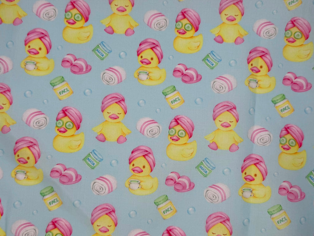 Yellow & Pink Ducks on Blue Background Polycotton Fabric | 110cm Wide | 90/10 Poly Cotton