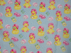 Yellow & Pink Ducks on Blue Background Polycotton Fabric | 110cm Wide | 90/10 Poly Cotton