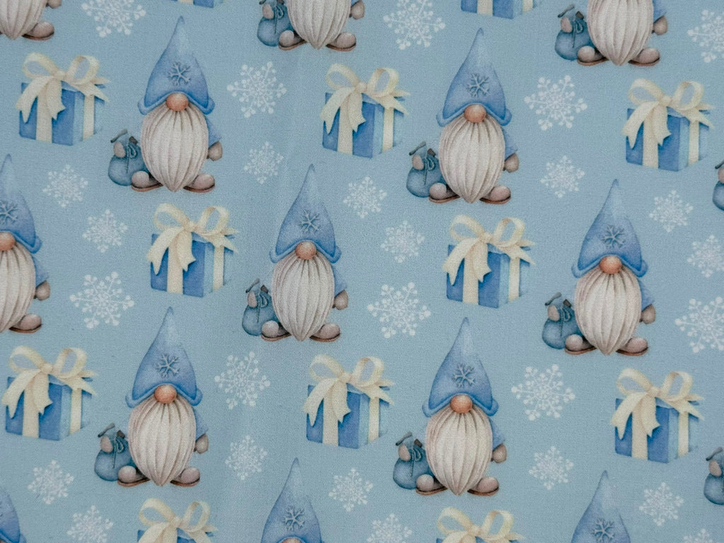 Christmas Gnomes Blue Polycotton Fabric | 110cm Wide | 90/10 Poly Cotton