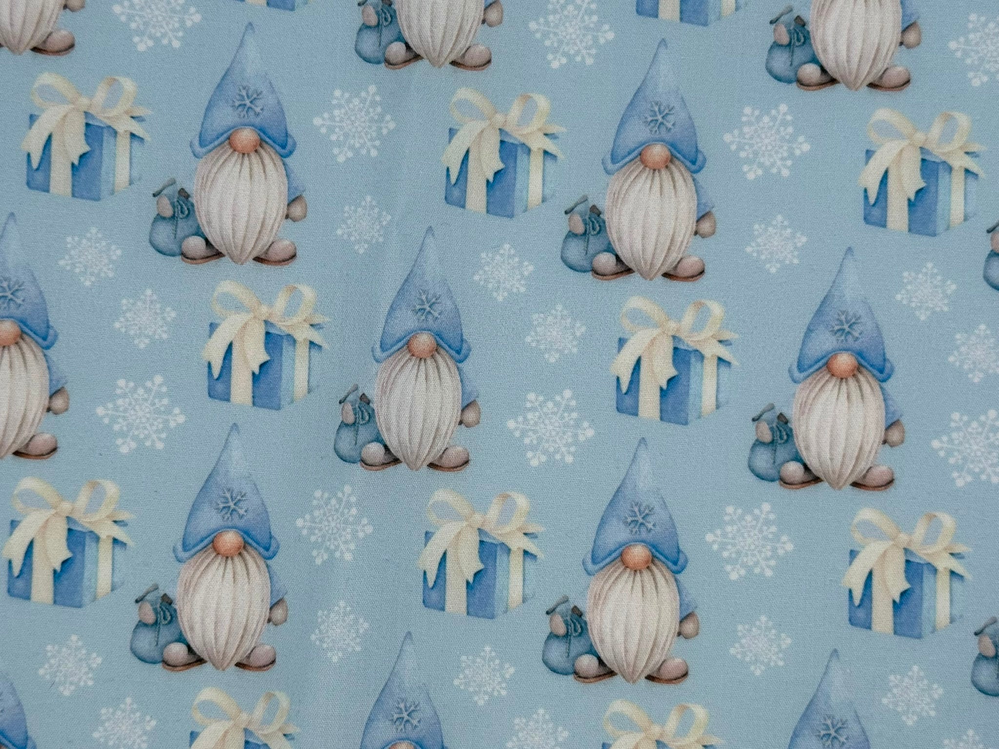 Christmas Gnomes Blue Polycotton Fabric | 110cm Wide | 90/10 Poly Cotton