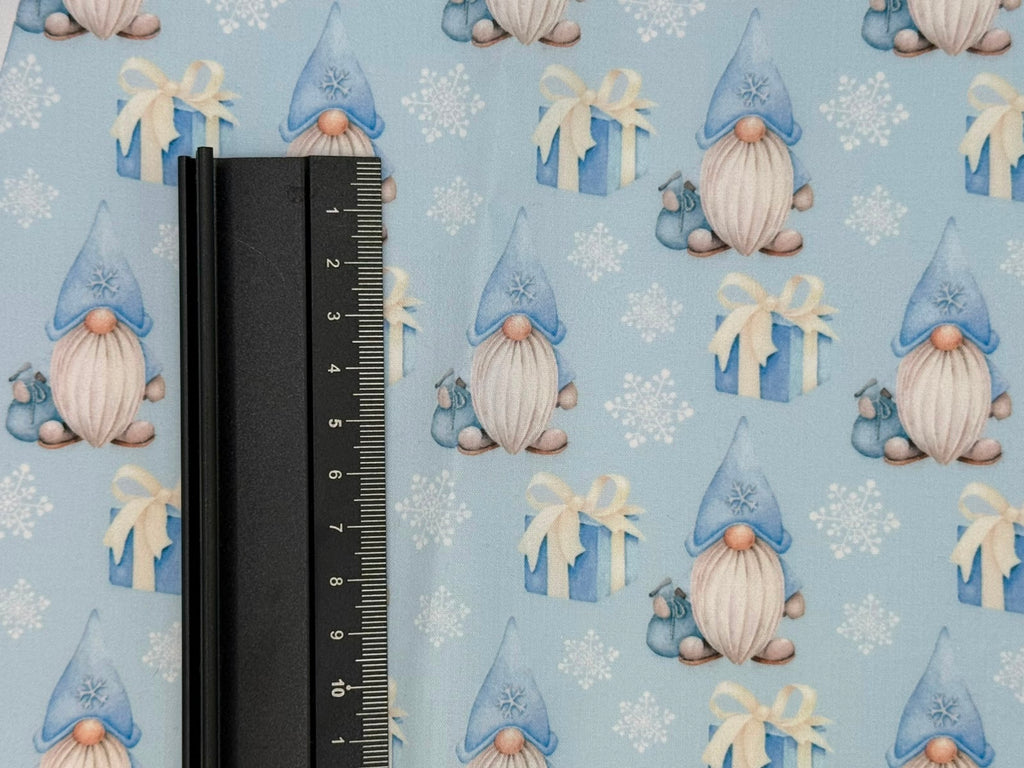 Christmas Gnomes Blue Polycotton Fabric | 110cm Wide | 90/10 Poly Cotton