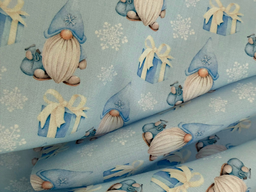 Christmas Gnomes Blue Polycotton Fabric | 110cm Wide | 90/10 Poly Cotton