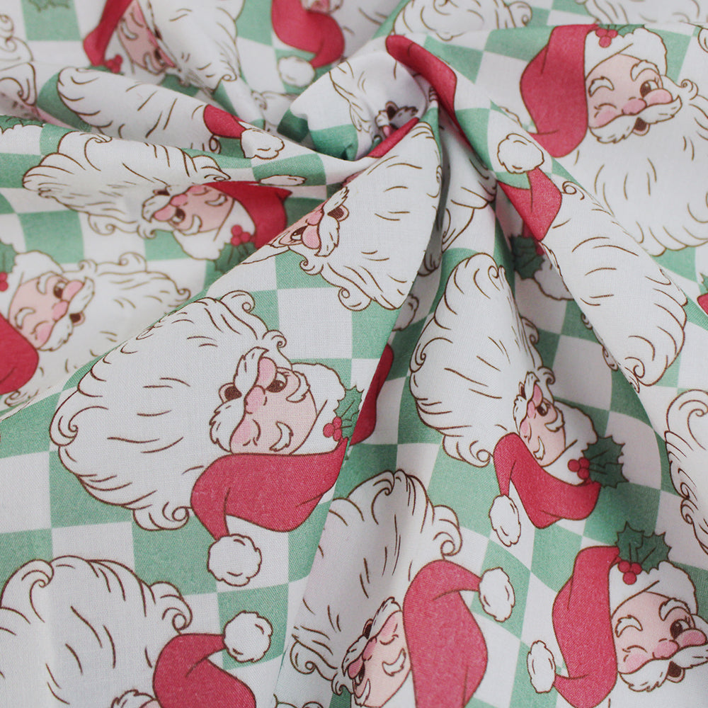 E Studio Retro Santa Grid Green Polycotton Fabric