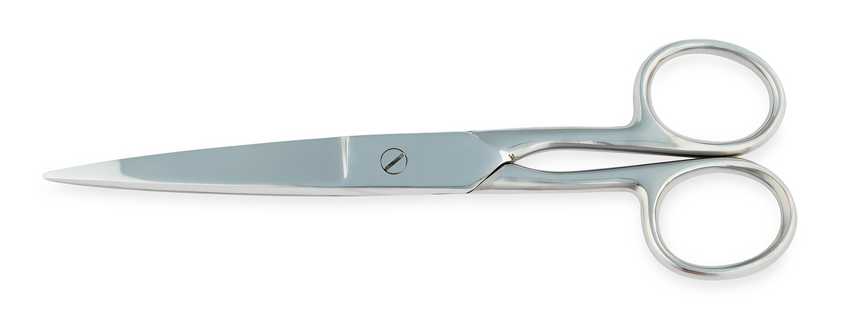 A pair of polished stainless steel scissors with oval finger loops and a single central screw, shown on a plain white background.