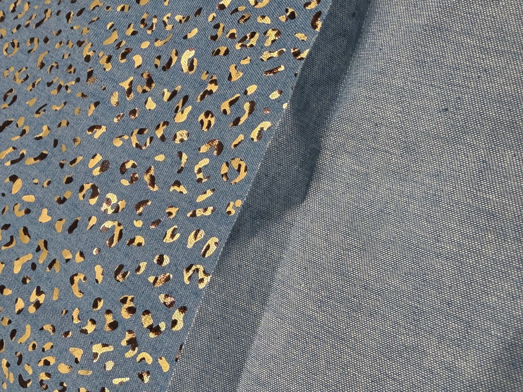 Denim Foiled Leopards Fabric