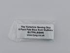 A small clear plastic bag containing a white paper label with black text reading 'The Yorkshire Sewing Guy 5 Pack Pale Blue Swirl Buttons BUTALBSWS www.tyalbsws.