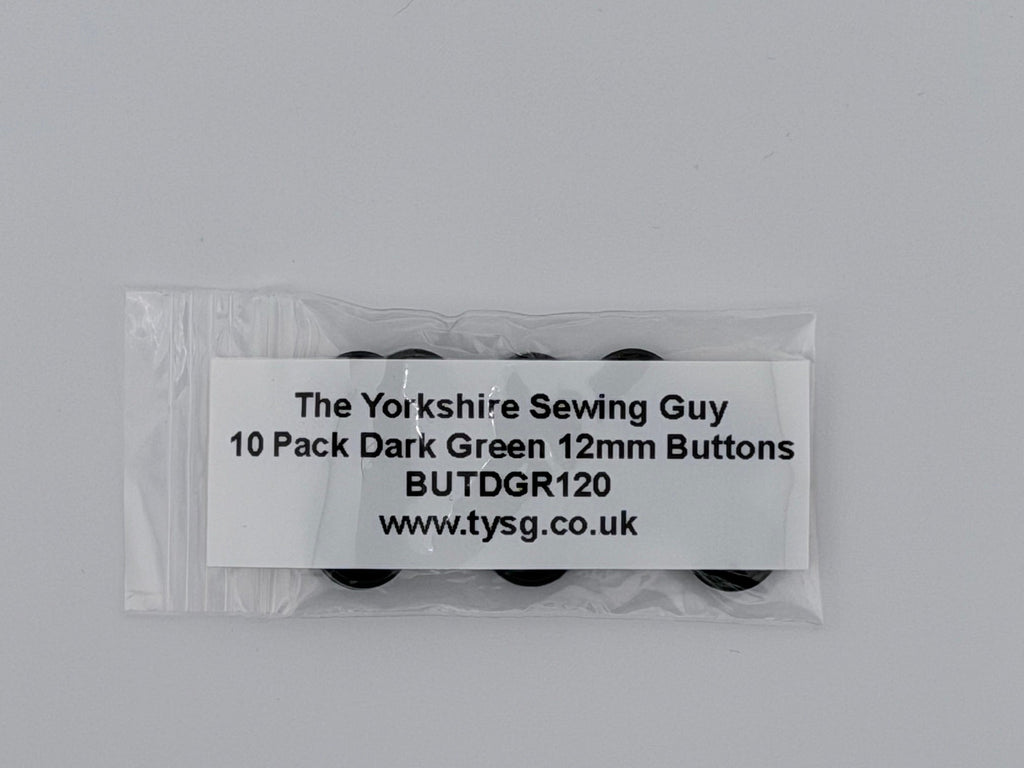 A clear plastic bag containing 10 dark green 12mm sewing buttons, with a white paper label showing the brand 'The Yorkshire Sewing Guy' and product details, set against a plain light gray background.
