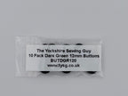 A clear plastic bag containing 10 dark green 12mm sewing buttons, with a white paper label showing the brand 'The Yorkshire Sewing Guy' and product details, set against a plain light gray background.