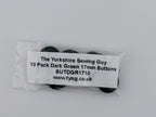 A small clear plastic bag containing 10 dark green buttons, with a white paper label that reads 'The Yorkshire Sewing Guy', 'BUTDGR1710', and 'www.tysg.co.uk'