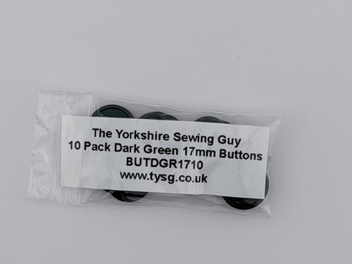 A small clear plastic bag containing 10 dark green buttons, with a white paper label that reads 'The Yorkshire Sewing Guy', 'BUTDGR1710', and 'www.tysg.co.uk'