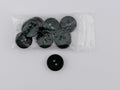 A pack of dark green buttons, including a single loose button shown to the left of the clear plastic bag containing six round buttons.