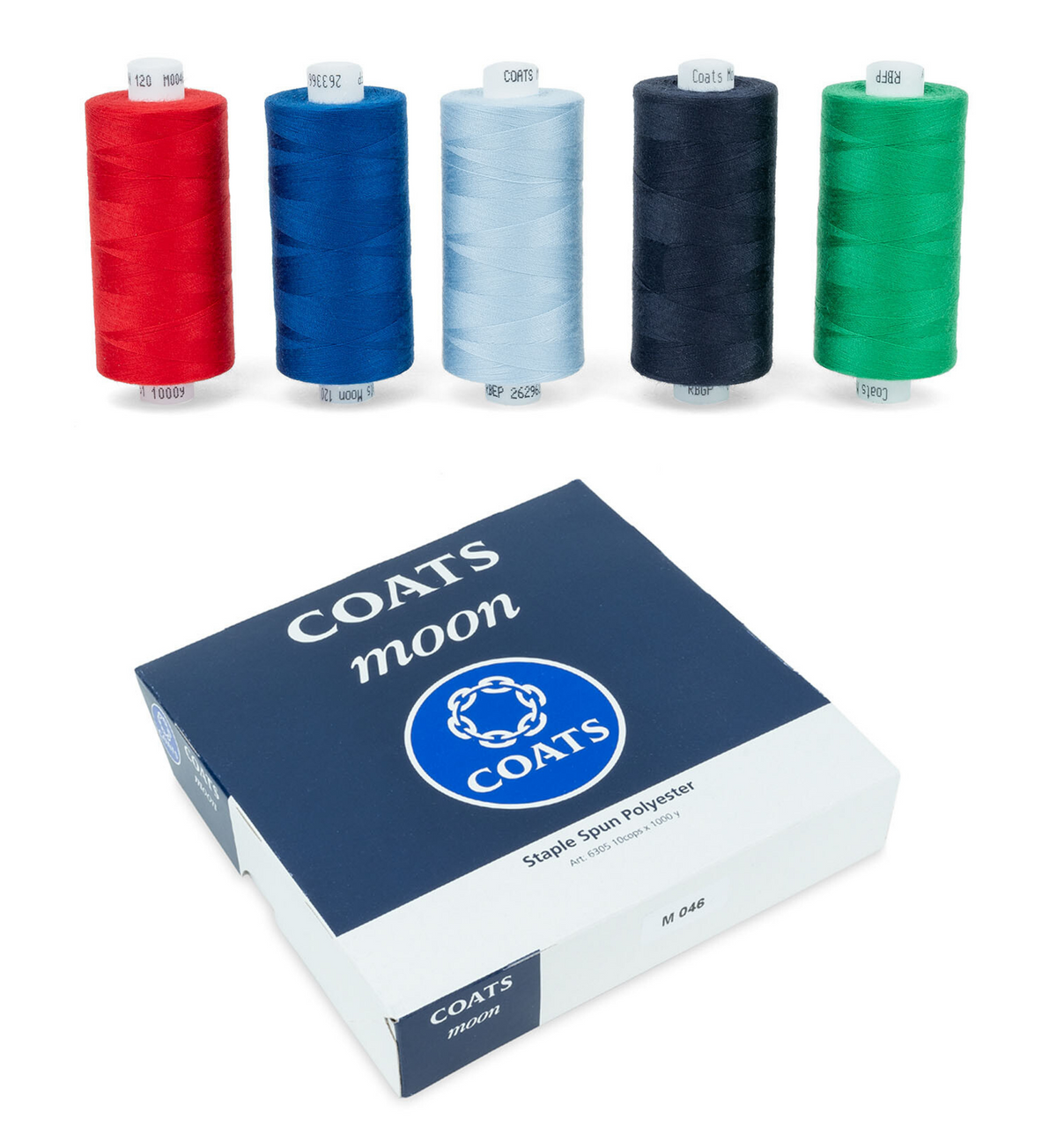 A box of Coats Moon Simple Silk Polyester sewing thread with five spools of thread in red, blue, light blue, black, and green displayed above it on a white background.