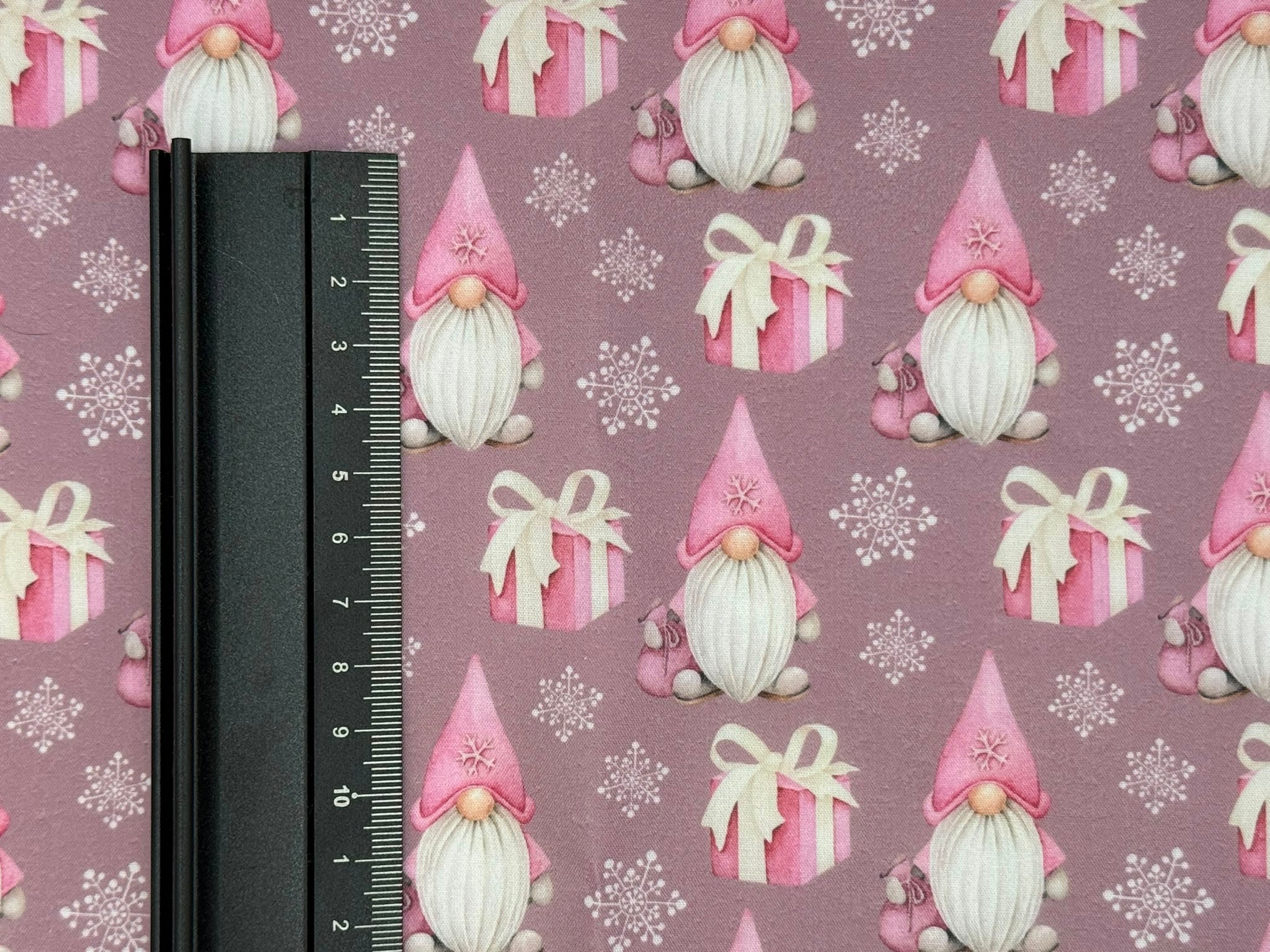 Christmas Gnomes Pink Polycotton Fabric | 110cm Wide | 90/10 Poly Cotton