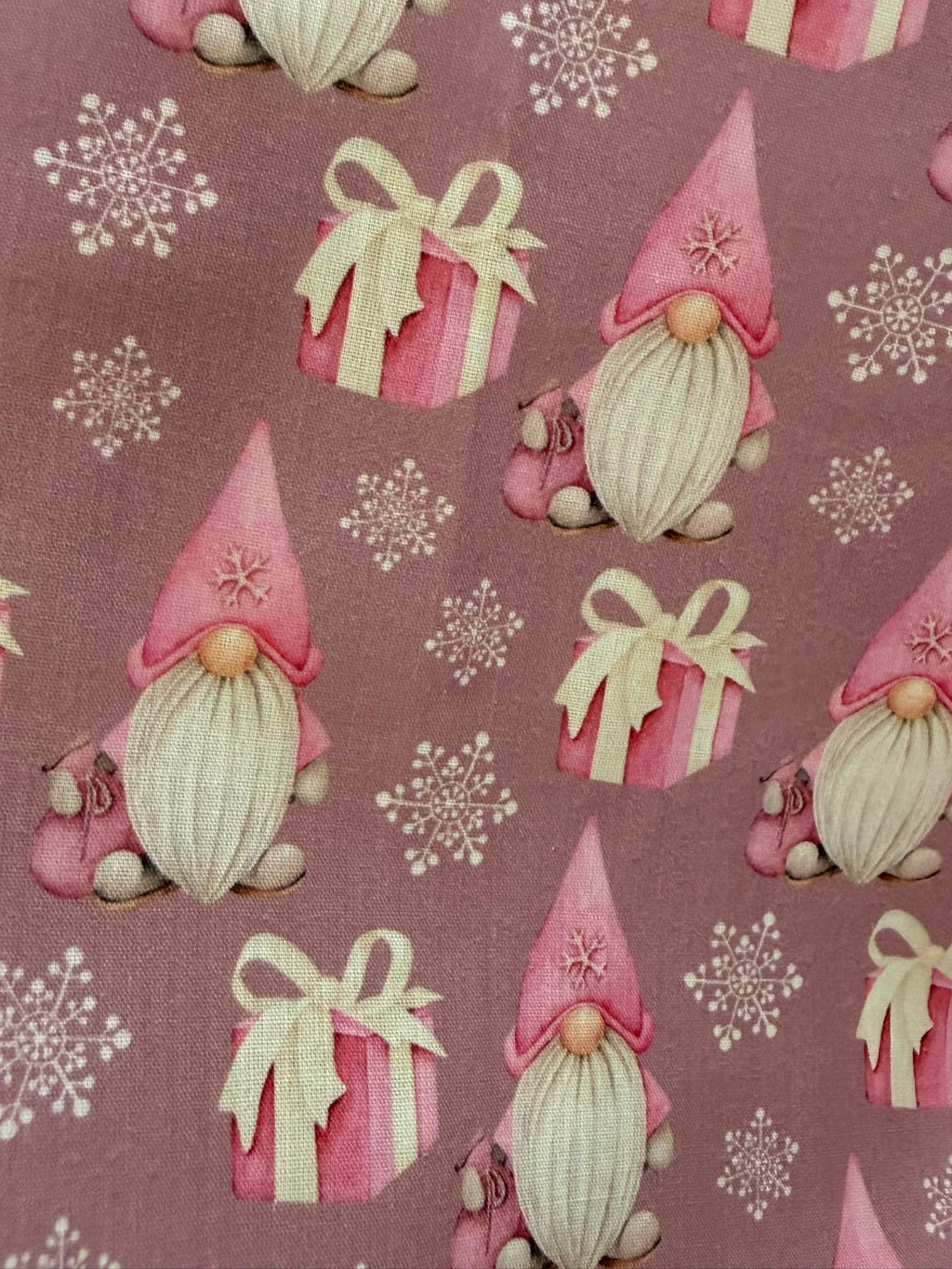 Christmas Gnomes Pink Polycotton Fabric | 110cm Wide | 90/10 Poly Cotton