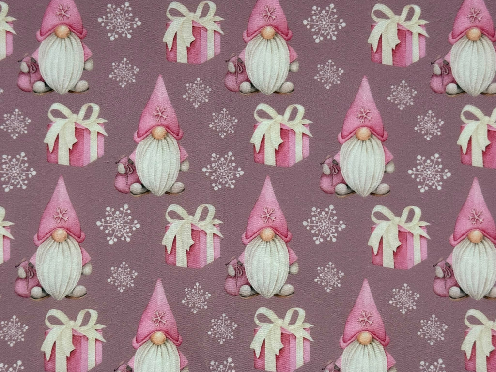 Christmas Gnomes Pink Polycotton Fabric | 110cm Wide | 90/10 Poly Cotton