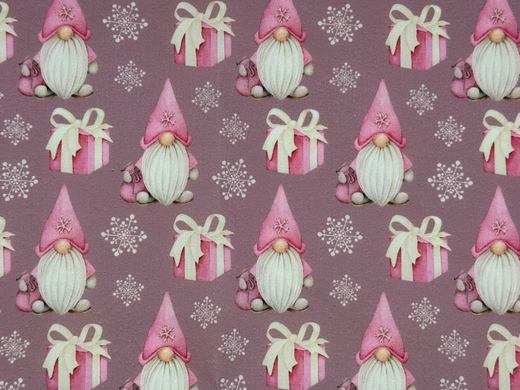 Christmas Gnomes Pink Polycotton Fabric | 110cm Wide | 90/10 Poly Cotton