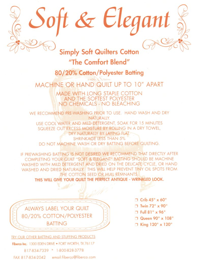 Soft & Elegant 45" Wide Quilting Wadding – 80/20 Cotton/Polyester Batting by Fiberco
