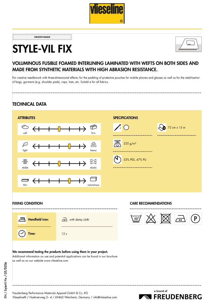 Vlieseline Style-Vil Fix Foam Fusible Iron-On Interfacing – White | 72cm Wide