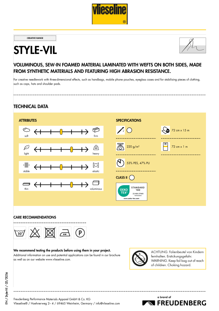 Vlieseline Style-Vil Foam Sew-In Interfacing – White | 72cm Wide
